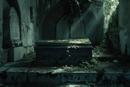 A photograph showing a dark cemetery with a single grave located in the center, Old crypt in a forgotten cemetery with a vampire's coffin, AI Generatedの素材
