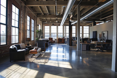 A spacious room flooded with natural light from numerous large windows, providing a bright and airy atmosphere, Office space with industrial design and large, airy rooms, AI Generatedの素材