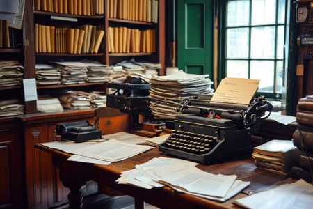 An old-fashioned typewriter sits on top of a sturdy wooden desk, showcasing its vintage aesthetic, Old-fashioned newspaper office with papers and typewriters, AI Generatedの素材