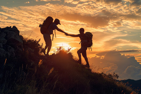 A couple of people stand on a grass-covered hill with a clear blue sky in the background, One hiker extending a-hand to help a friend reach the peak of a hill, AI Generatedの素材