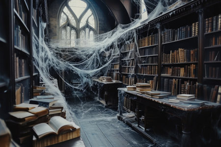 An image capturing a spider web suspended from the ceiling of a library, Old, haunted library filled with cobwebs and ancient spell books, AI Generatedの素材