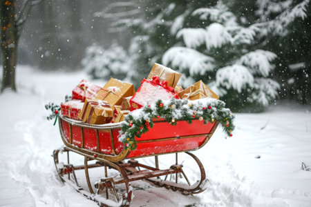 A red sleigh filled with wrapped presents sits in the snowy landscape, Old-fashioned Christmas sleigh filled with gifts and parked in the snow, AI Generatedの素材