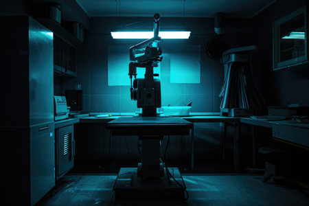 A microscope sits on a table in a dark room, illuminated only by blue lights, Old-fashioned x-ray machine in a dark room, AI Generatedの素材