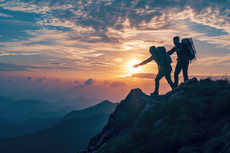 A couple of climbers celebrating their achievement by standing on the snow-covered summit of Mount Everest, One hiker extending a-hand to help a friend reach the peak of a hill, AI Generatedの素材