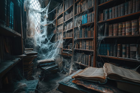 A neglected room overwhelmed by a vast collection of books, now coated in thick spider webs, depicting years of neglect, Old, haunted library filled with cobwebs and ancient spell books, AI Generatedの素材