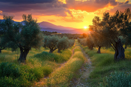 A dirt road cuts through a picturesque scene, surrounded by tall, green trees and lush grass, Olive tree fields in Greece with a beautiful sunset, AI Generatedの素材