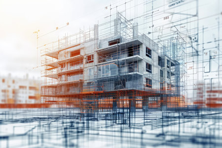A heritage building undergoing comprehensive renovation, surrounded by a large amount of scaffolding, Overlay of a future construction project with blueprints and diagrams, AI Generatedの素材