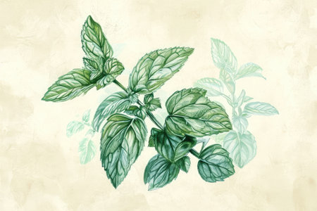 A photo of an intricately rendered drawing showcasing a plant with vibrant green leaves, Ornate botanical drawing of a mint plant, AI Generatedの素材