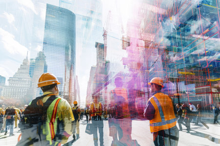 A group of construction workers are standing together in front of a towering skyscraper in a bustling city, Overlay of engineers at work and the future building in progress, AI Generatedの素材