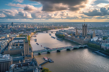 This photo shows an aerial view of the bustling city of London, featuring iconic landmarks such as Tower Bridge and St Pauls Cathedral, Panoramic aerial view of the London cityscape, AI Generatedの素材