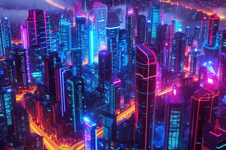 A stunning photograph capturing a futuristic city illuminated by neon lights against the night sky, Panorama of a blockchain-powered metropolis, AI Generatedの素材