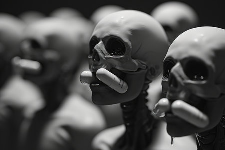 A photo featuring a gathering of extraterrestrial beings holding hot dogs, Painkillers being represented as menacing figures, AI Generatedの素材