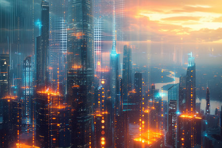 A photo capturing the essence of a bustling city at night, illuminated by vibrant and dazzling lights, Panorama of a blockchain-powered metropolis, AI Generatedの素材