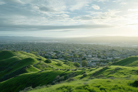 A stunning view of a verdant hillside with a vibrant city skyline visible in the distance, Panoramic view of a city situated on rolling hills, AI Generatedの素材