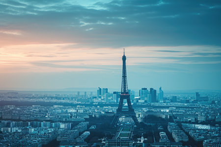 The iconic Eiffel Tower stands tall and prominent, towering over the bustling city of Paris, Paris skyline with Eiffel Tower standing out in the distance, AI Generatedの素材