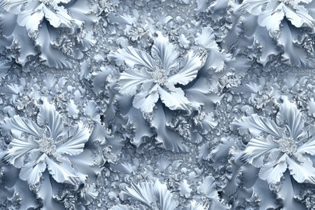 This photo shows a detailed view of a flower pattern on a wall, highlighting the intricate design and colors, Pattern of fractal details reminiscent of snowflakes, AI Generatedの素材