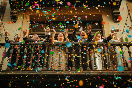 A lively group of individuals joyfully stands on a balcony, surrounded by a vibrant display of confetti, People standing on balcony, celebrating with confetti and laughter, AI Generatedの素材