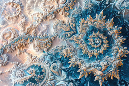 This close-up photo showcases the intricate geometric design of a blue and gold wallpaper, Pattern of fractal details reminiscent of snowflakes, AI Generatedの素材