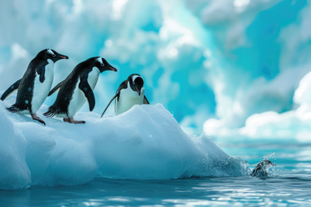 A group of penguins standing in unity on top of a massive iceberg in the frigid Antarctic waters, Penguins on an iceberg, diving into the water to catch fish, AI Generatedの素材