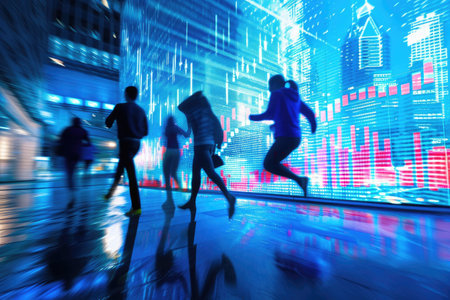 A group of individuals sprinting down a lively street at night, illuminated by streetlights, People running towards a stock market target, AI Generatedの素材
