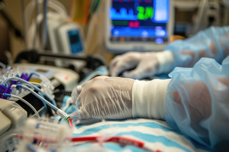 A person dressed in a hospital gown can be seen operating a machine in a clinical setting, Patient using biochip to self-monitor vitals, AI Generatedの素材