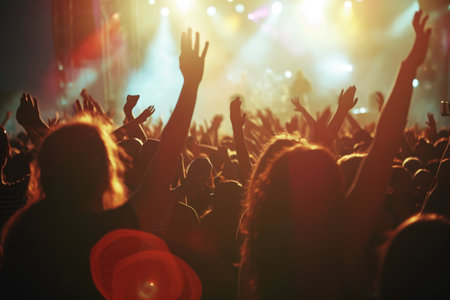 A lively crowd of concert-goers energetically raising their hands in the air, captivated by the performance, People dancing and cheering at a lively music festival, AI Generatedの素材