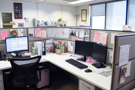 A well-equipped office cubicle featuring a pair of computer monitors and a standard keyboard, Personalized office cubicle with photos and motivational quotes, AI Generatedの素材