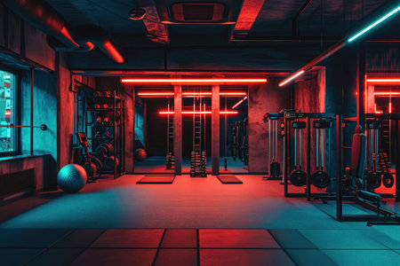 A dimly lit gym showcasing various exercise equipment for strength and cardio workouts, Personal training corner in a gym with a professional, AI Generatedの素材
