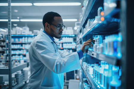 A scientist wearing a lab coat carefully inspects the contents of a shelf in a laboratory, Pharmacist using machine learning technology to make precision drugs, AI Generatedの素材