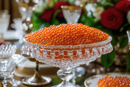 A glass bowl on a table filled with orange beads, Persian caviar served in a crystal bowl, AI Generatedの素材
