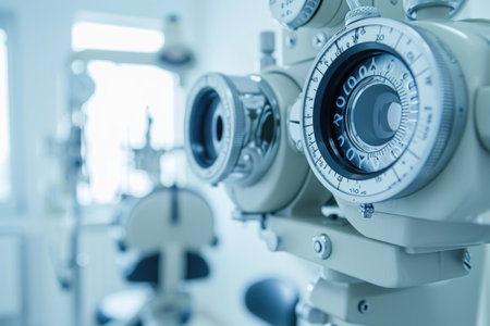 A detailed view of a machine in operation inside a brightly illuminated contemporary factory setting, Phoropter in an optometrist's office, AI Generatedの素材