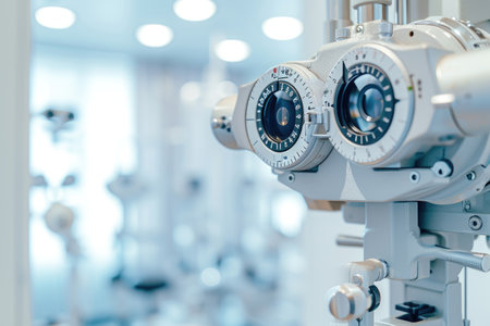 An up-close view of a machine that features three dials displaying various measurements and settings, Phoropter in an optometrist's office, AI Generatedの素材