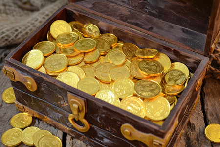 A wooden box filled with a copious amount of shiny gold coins, Pirate treasure chest style gift boxes filled with chocolate gold coins, AI Generatedの素材