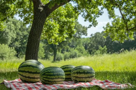 Three Watermelons Sitting on a Blanket Under a Tree, Plump, juicy watermelons arranged on a checkered picnic blanket under a large oak tree, AI Generatedの素材