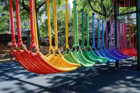 A row of vibrant ropes suspended from the branches of a tree, creating a striking visual display, Playground populated with swings made out of rainbow-colored ropes, AI Generatedの素材
