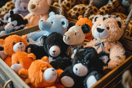 A wooden crate overflowing with a diverse assortment of stuffed animals, creating a colorful and playful scene, Plush animal-themed gift boxes for a zoo-themed event, AI Generatedの素材