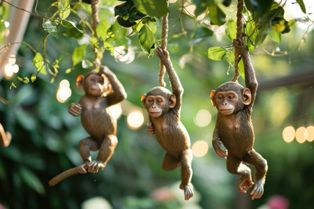 Three monkeys are hanging from a tree branch in a dense forest, Playful monkeys hanging from vines at a birthday bash, AI Generatedの素材