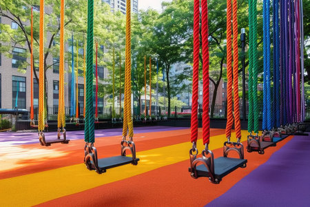 A row of brightly colored swings lined up in a park, with children swinging and playing, Playground populated with swings made out of rainbow-colored ropes, AI Generatedの素材