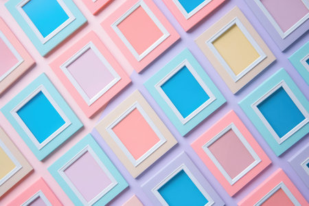 Multicolored Wall Adorned With Squares and Rectangles, Polaroids arranged in a pattern over a light pastel background, AI Generatedの素材