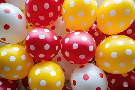 A colorful arrangement of red and white polka dot balloons creating a vibrant display, Polka dot balloons in red, yellow, and white, AI Generatedの素材