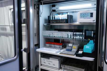The image shows the organized interior of a medical cabinet filled with various essential medical supplies and equipment, Portable DNA sequencer in a mobile lab, AI Generatedの素材