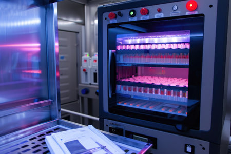 An industrial machine filled with rows of bottles, undergoing processing for a manufacturing operation, Portable DNA sequencer in a mobile lab, AI Generatedの素材