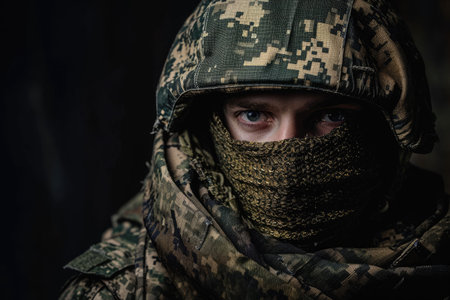 A man is pictured wearing a hat and scarf, both in camouflage print, Portrait of a Special Forces soldier in camouflage uniform, AI Generatedの素材