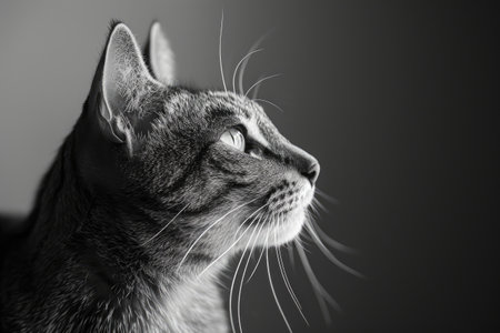 A cat with black and white fur looks up intently, capturing a moment of curiosity and attention, Profile of a cat against a monochromatic backdrop, AI Generatedの素材