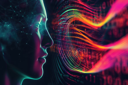 Womans Face in Front of Digital Background, Psychedelic visualization of sound waves in a hearing test, AI Generatedの素材
