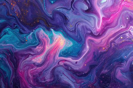 An abstract painting featuring vibrant purple, blue, and pink colors in various shapes and patterns, Psychedelic swirls of radiant purples, blues, and pinks, AI Generatedの素材
