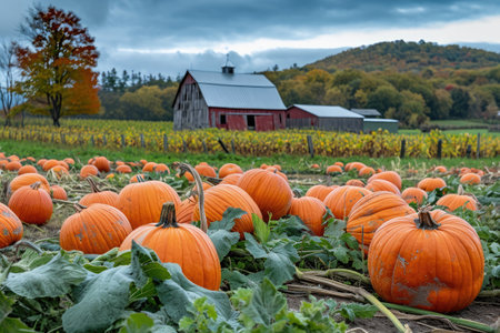 A vibrant field filled with pumpkins and a rustic barn in the background, Pumpkin farm with a rustic barn in the background, AI Generatedの素材