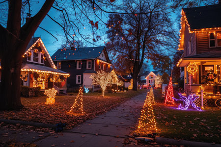 Vibrant Christmas Lights Illuminate Suburban Houses, Quaint neighborhood with houses decorated in Halloween-themed lights, AI Generatedの素材