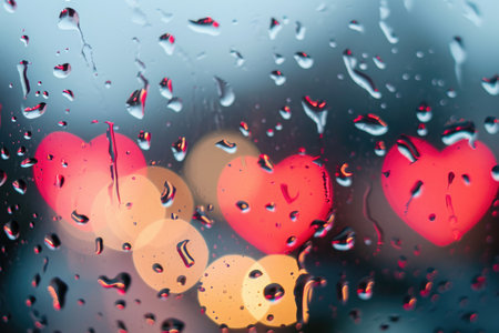 Raindrops cascade down a window adorned with heart-shaped stickers, creating a whimsical and romantic scene, Raindrops forming heart shapes on a window pane, AI Generatedの素材