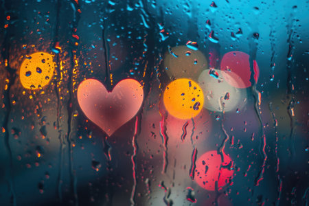 A photo showcasing rain drops and heart-shaped patterns on a window pane, Raindrops forming heart shapes on a window pane, AI Generatedの素材